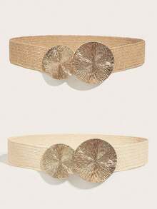 2pcs Women's Elastic Waist Belt, Bohemian Waist Belt, BOHO Golden Round Buckle Brown Beige Waist Strap Combination, Matching Skirts, Pants, Shirts, Suitable For Party, Festival, Birthday, Beach Holiday