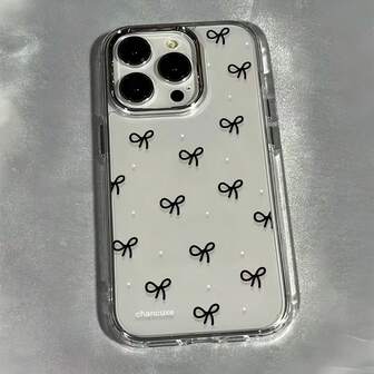 1 st minimalistiskt metalliskt transparent personligt helskärmsfodral med svart rosett och vitt prickigt mönster, lämpligt för iPhone 16 Pro Max, 17/16/15/14 Plus, 13/12/11, AIR