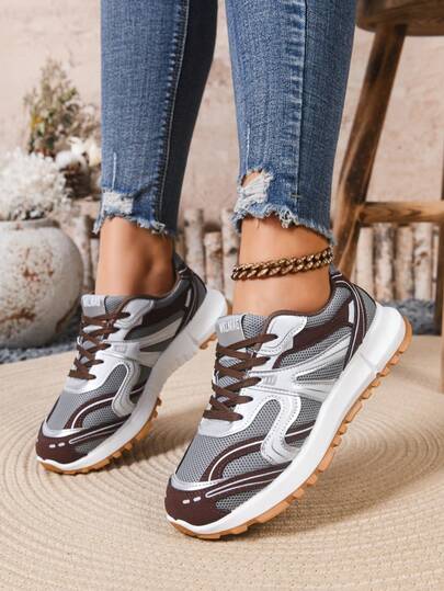 Women's New Mesh Patchwork Design Flat Non-Slip TPR Outsole Lace-Up Casual Sports Shoes, Casual Breathable Comfortable Outdoor Unisex Sneakers, Chunky Ugly Thick Sole Chunky Sneakers