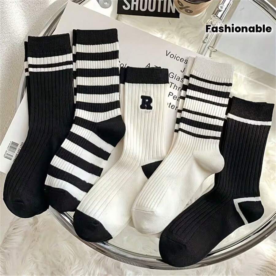 5 Pairs Black & White Casual Everyday Wear Sports Socks - Multicolor - View 1