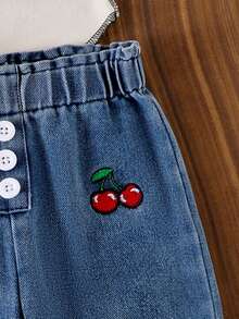 2pcs Baby Girl Fashion Set: Colorblock Shirt Collar Cherry Embroidery Short Sleeve Top And Ruffle Waist Button Decor Cherry Embroidery Flared Hem Jeans Pants Suit - Burgundy - View 6