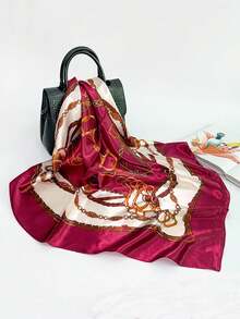 1pc Bohemian Style Fashion Chain Print Satin Scarf, Elegant Headscarf Shawl For Daily Casual Wear, Sun Protection