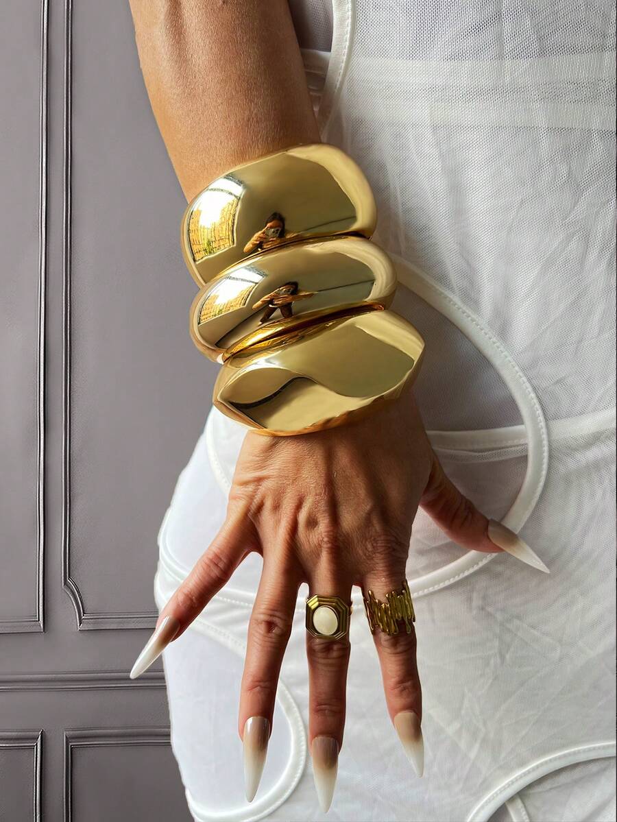 Set de 3 piezas de pulseras de encanto, brazalete dorado, pulsera ancha, brazalete grueso, set de pulseras, brazalete ancho, pulsera de mujer, regalo para ella - Amarillo Oro - Ver 1