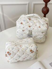 1pc Beige Floral Bow Bear Rabbit Quilted Makeup Bag, Large Capacity Portable Zipper Makeup Pouch, Suitable For Travel & Vacation, Can Store Sanitary Pads, Keys, Phones, Chargers, Lipsticks, Cosmetics, Perfumes, Makeup Brushes, Ideal Storage For Skincare & Beauty Products, Suitable For Women, Students, Girls, Also A Perfect Gift For Holidays & New Year - Beige - View 6