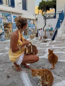 Women's Elegant Casual Halter Neck Top - Deep V-Neck, Backless, Halter, Front Pleated, Mushroom Button, Lightweight, Spring/Summer - Yellow - View 7