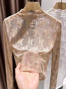 2025 New Arrival Women's Lace Mock Neck Layering Mesh Sheer Long Sleeve Slim Fit Undershirt, Spring/Summer/Autumn - Khaki - View 3