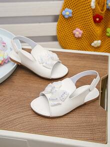 1双女童春夏新款蝴蝶结水钻软底露趾平底公主凉鞋，儿童多功能防滑罗马鞋，适合旅行、度假和上学穿着 - 白色 - 查看 3