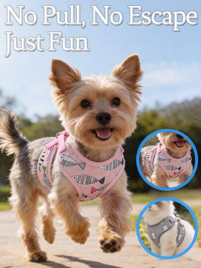 1 Set/2 Pcs (Harness + Leash) Soft & Cute Pet Dog/Cat Casual Fashion Leash Set, Solid Color Harness/Contrast Color Fish/Cat/Printed Pattern, Essential For Outing, Suitable For Puppy/Small Pet Cat, Vest-Style Harness