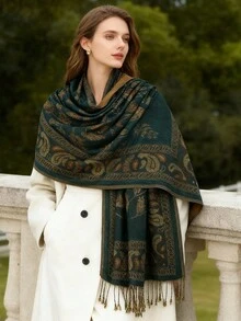 1条女士经典复古优雅波西米亚风时尚花草图案休闲百搭提花围巾，适合各种服饰搭配 - 綠色 - 查看 1
