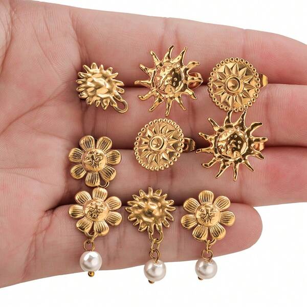6-Piece 304 Stainless Steel 18K Gold-Plated Floral Sun Multi-Element Stud Earring Components DIY Charm Jewellery Earring Making Supplies Women's Stainless Steel Jewellery Ladies' Earring Accessories