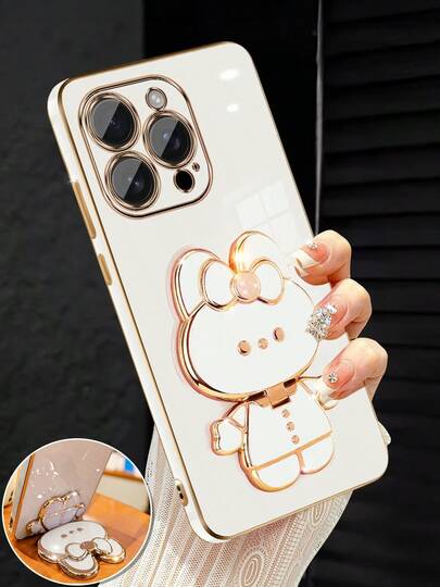 Luxury Electroplated Phone Case With Creative Cute Cat Stand And Built-In Makeup Mirror, Made Of Fashionable Silicone Material, Shock-Proof, Compatible With IPhone 16/15/14/13/12/11/X/XS/XR/8/7 Plus/Pro Max, Galaxy S25/S24/S23/S22/S21/Note 20/A55/A54/A53/A52/A35/A34/A23/A16/A15/A14/A13/A12/A05S/FE/Ultra 4G/5G, Redmi Note 13 Pro, Infinix Hot 40i/Smart 8/Spark/GO 2024, OPPO Reno, VIVO, MOTO Honor And More.