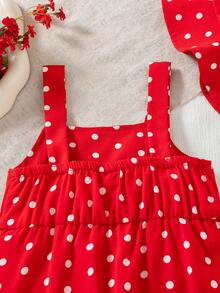 夏季女婴可爱红色波点蝴蝶结连体衣和蝴蝶结遮阳帽 - 紅色 - 查看 8