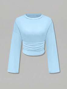 Nueva blusa elegante de manga larga con cuello redondo y volantes de unicolor, adecuada para vacaciones, citas, escuela, viajes y uso diario en primavera - Azul - Ver 6