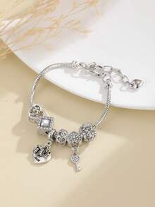 送给女朋友的礼物：银色爱心钥匙吊坠串珠手链，时尚DIY浪漫手链，生日情人节礼物 - 彩色 - 查看 5