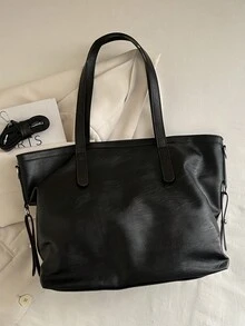 1pc Bag Female Bag Preference Bag Fashion New 2026 Tote Bag Fashion College Style Joker Solid Color Soft Leather Commuter Shoulder Bag High Quality Tote Bag Leisure Large Capacity Messenger Bag Female. - Black - View 9