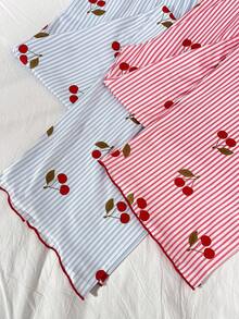 Bộ 2 quần áo mặc nhà/đồ ngủ nữ: Quần dài màu trơn, quần dài kẻ sọc và in hình quả anh đào, thích hợp cho mùa xuân/hè. - Nhiều màu - Xem 4