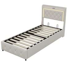 Anajqaqia Struttura letto singolo, letto imbottito 90 x 200 cm, struttura letto, struttura letto con testiera e rete a doghe, contenitore idraulico, letto per ragazzi in tessuto delicato sulla pelle, letto per ospiti, letto singolo idraulico - Beige - Visualizzare 6