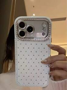 Luxury Solid Color Rhinestone Leather 3D Case Compatible With Apple 16/17 Pro Max/ 15 Pro, Women's Full Coverage Shockproof Protective Cover Compatible With IPhone 14/13 - White - View 3