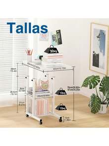 Mesa Multifuncional Ajustable en Altura con Ruedas y 3 Estantes - Laptop/Reunión/Jardín - Blanco - Ver 7