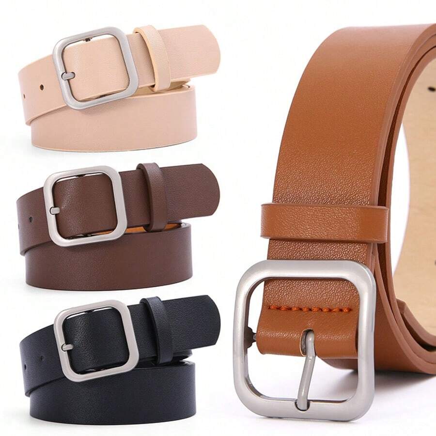 1pc Women's Coffee Square Buckle PU Fashion Waist Belt, Suitable For Daily Use