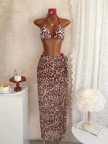 女士时尚，春夏优雅沙滩休闲度假风，豹纹露背系带比基尼套装，含裹身式薄纱半裙三件套 - 彩色 - 查看 3