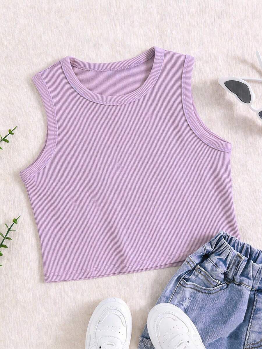 1pc Girls Versatile Ribbed Knit Crew Neck Casual Camisole, Purple - Purple - View 1
