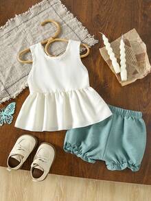 2pcs/Set Baby Girls' Cute Bowknot Decor Camisole & Solid Color Ruffle Hem Shorts Set, Summer - Multicolor - View 2