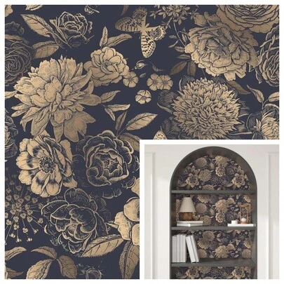 1 Roll Vintage Floral & Butterfly Pattern Self-Adhesive Wallpaper, Retro Vinyl Peel And Stick Temporary Wallpaper, Black Background Decorative Sticker, Suitable For Living Room, Bedroom, Bathroom, Furniture Renewal DIY Decor, Self-Adhesive Removable Wall Decal, Size: 17.7"X39.3"/118.1"/196.8"/393.7", Black Gold Texture Wallpaper
