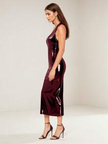UNITHORSE Solid Color Backless Tie-Knot Faux Leather Dress With Zipper - Burgundy - View 3