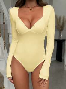 Vaiaye Women's Sexy Y2K Jumpsuit, V-Neck Long Sleeve Fitted Black Bodysuit, Suitable For Valentine's Day Wear, Spring/Summer - Yellow - View 7