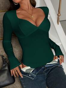 Vaiaye 女士性感 Y2K 连体衣，V 领长袖修身黑色紧身衣，适合情人节、春夏穿着 - 墨綠色 - 查看 9