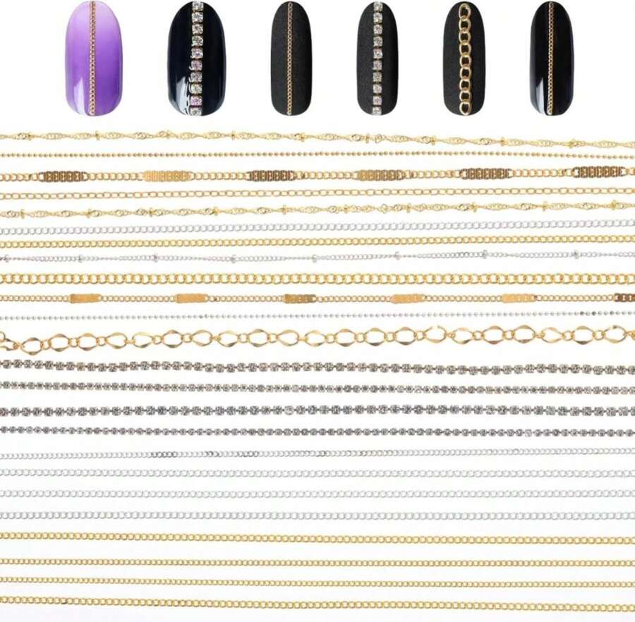 24 Strips Nail Chains, Silver Gold Metal Nail Art Chains Punk Luxury Pearl Gem 3D Nails Arts Charms Glitter Design For Women Nails Art - 白色 - 查看 1