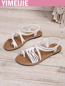 Neue Damen Flache Sandalen, Mode Strand Sandalen, einfarbige Strand PU Leder Gewebte Damen Flache Sandalen, Gewebte Sandalen, Strand, Frühling/Sommer - Weiss - Übersicht 6