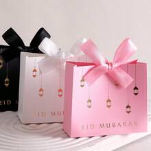 10 Pack Gift Box With Ribbon For Eid Al Fitr - White, Pink Box, Black Paper Candy And Biscuit Packaging, Decoration For Islamic Festival Ramadan And Eid Al Fitr, Islamic Festival Gift | Crescent Design | Paper Gift Box, Ramadan Gift - Multicolor - View 4