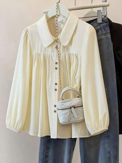 Plus-Size Women's Solid Color Long-Sleeved Casual Shirt, An Elegant And Versatile Top Suitable For Everyday Wear, Perfect For Spring And Summer.