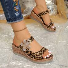 女士时尚人字拖凉鞋，防水厚底，坡跟，优雅女士鞋，女士凉鞋，女士坡跟厚底豹纹凉鞋，多色可选，仿编织鞋底，系带，日常/节日礼物，不累脚的女士高跟坡跟凉鞋 - 棕色 - 查看 8