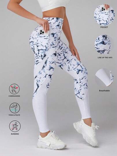 Pantalones de yoga de cintura alta que levantan el trasero para mujeres, pantalones ajustados con control de abdomen, estampado de teñido anudado, bolsillos, parches de malla a prueba de sentadillas, pantalones de entrenamiento