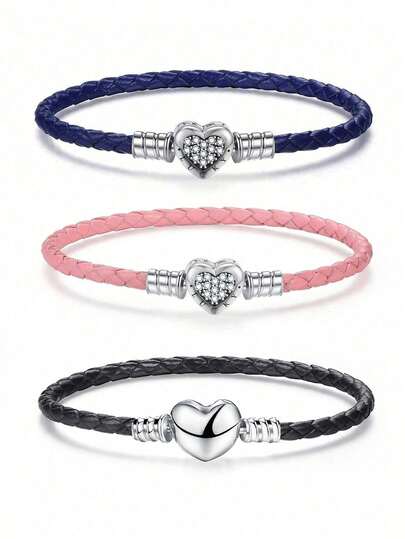 1pc Elegant 16-22cm 925 Sterling Silver Double-Sided Heart Bead Multi-Color Single Loop Leather Cord Bracelet, Women's Anniversary Gift, Delicate Women's Jewelry