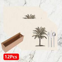 椰树印花亚麻餐垫（1件/4件/6件装），适用于餐桌，四季皆宜，现代可水洗，可作房间装饰、杯垫、厨房餐垫、室内外派对装饰、家居装饰，理想礼品 - 彩色 - 查看 13