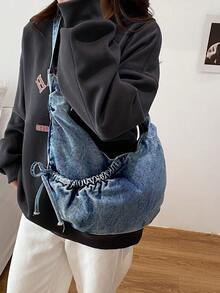 Túi đeo vai vải bố màu xanh lam kiểu Nhật Bản, túi đeo chéo thời trang có khóa kéo và nơ xếp ly, túi xách gấp gọn hình lưỡi liềm thích hợp đi học/đi làm/đi làm hàng ngày. - Nhiều màu - Xem 6