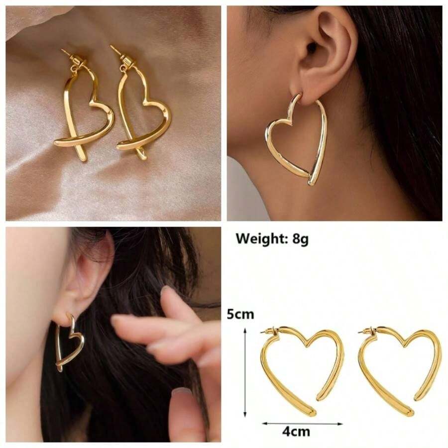 Gold Large Heart Statement Earrings Women Fashion Asymmetrical Hoop Earrings Love Earrings Gifts Valentine's Day Jewelry - Gold3 - 查看 1