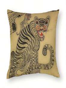 A Retro Korean-Style Tiger-Print Folk Painting Hanging Scroll Sofa Cushion Cover, Suitable For Outdoor And Home Decor, Made Of Polyester (Double-Sided Print, Pillow Insert Not Included), For Bedroom And Living Room Decoration. - 白色 - 查看 1