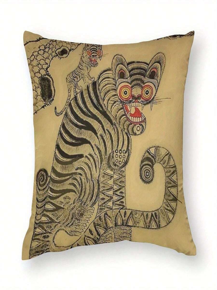 A Retro Korean-Style Tiger-Print Folk Painting Hanging Scroll Sofa Cushion Cover, Suitable For Outdoor And Home Decor, Made Of Polyester (Double-Sided Print, Pillow Insert Not Included), For Bedroom And Living Room Decoration. - 白色 - 查看 1