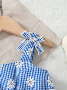 春夏女婴可爱格子蝴蝶结雏菊印花吊带背心搭配高腰宽松雏菊印花长裤，打造度假乡村风穿搭 - 藍色 - 查看 7