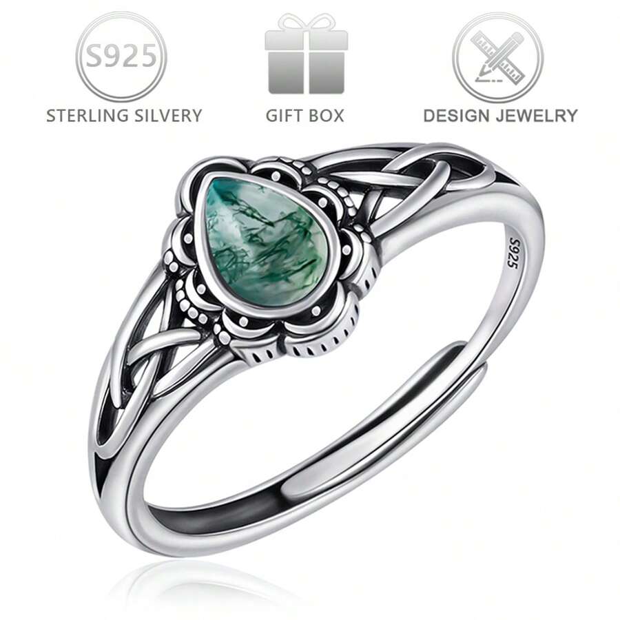 1枚925纯银天然石夏季复古波西米亚苔藓玛瑙独特镂空花卉设计戒指，适合日常、旅行、通勤佩戴，也适合节日、生日、情人节等场合作为女士礼物。 - 復古銀色 - 查看 1