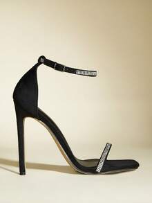 Women's Square Toe Rhinestone Embellished Ankle Strap High Heel Sandals, Sexy & Fashionable For Party Wear - Black - View 10