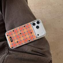 Retro Silver Edged Resin Orange Plaid Star Phone Case Compatible With IPhone 17 Pro Max, 16 Pro Max, 15 Pro, 14, 13, Cute & Fashionable Phone Protective Cover - Orange - View 5