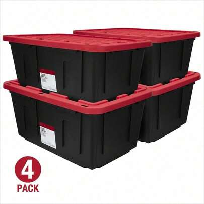 Large Storage Bin, 27 Gallon Plastic Storage Container With  Lid, Black And Red, Pack Of 4, Industrial
