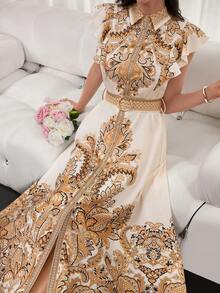 Women's Elegant Bohemian Floral-Print Dress – Sleeveless, Collared, Waist Belt With Japanese-Style Buckle, Ruffled Hem, Perfect For Vacations & Casual Wear Elegant Dresses For Women Women's Ramadan Clothes - Apricot - View 5