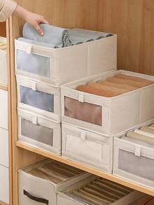 One Beige Storage Basket With A Transparent Window. Stackable, Durable Material, Multi-Functional Storage Box Suitable For Clothing Organization And Wardrobe Storage. Foldable Design For Easy Storage. Can Be Used For Clothing Sorting Or As A General Storage Box. - Multicolor - View 13